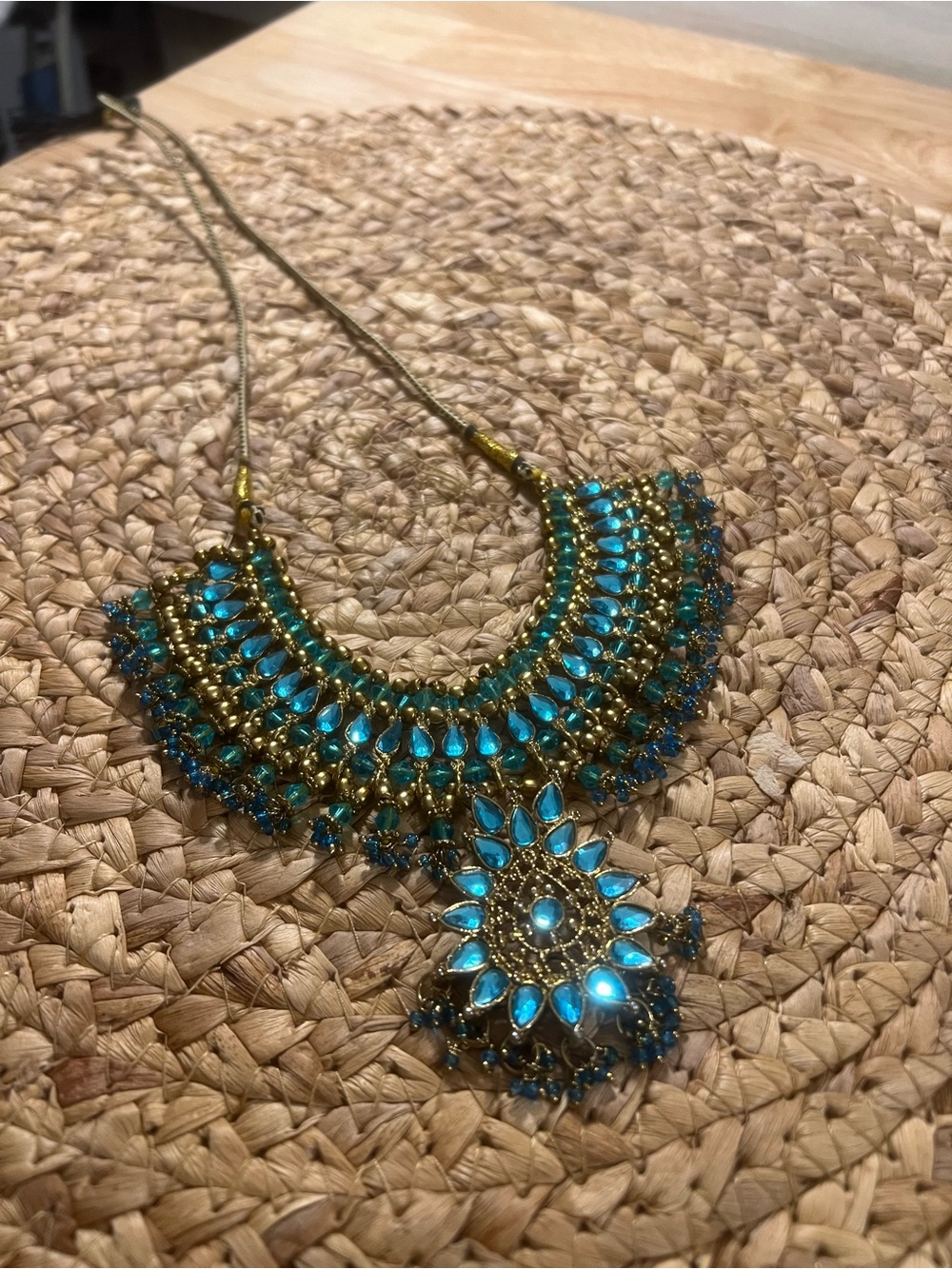 Gold-Tone Turquoise Glass Statement Necklace - Women Jewelry
